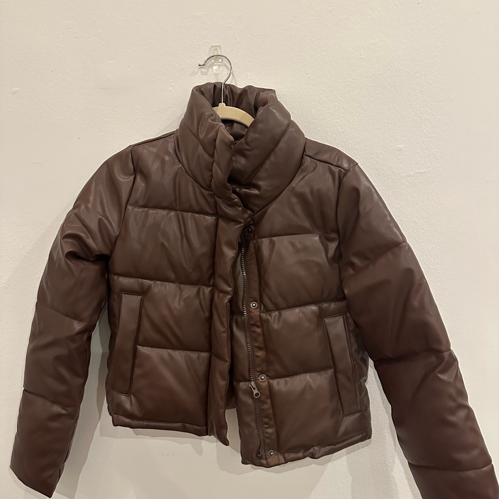 Brown Leather Puffer Jacket